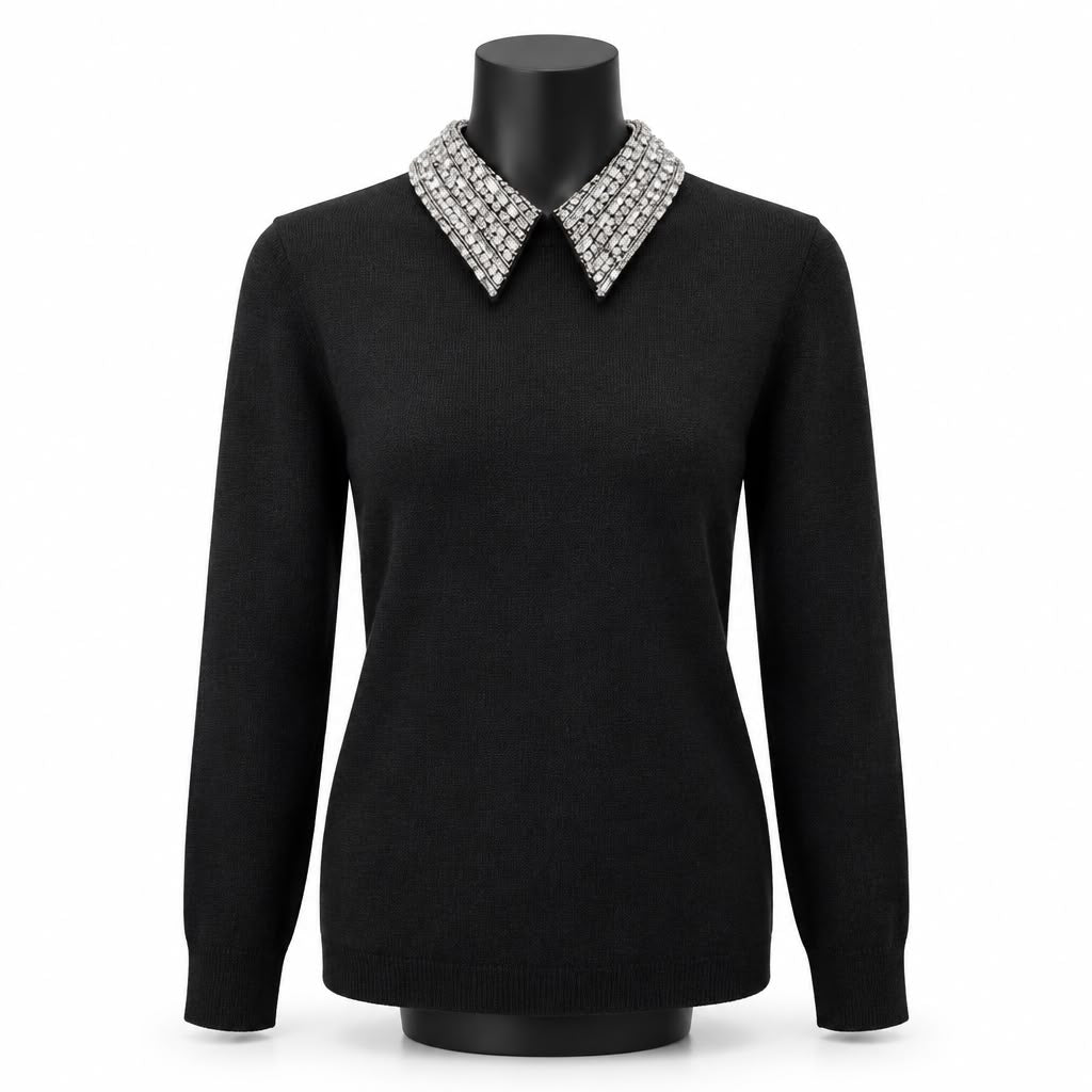 Maglione Trash and Luxury nero con colletto gioiello in strass