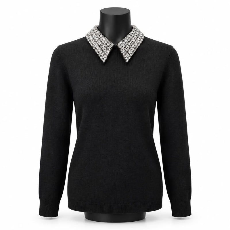 Maglione Trash and Luxury nero con colletto gioiello in strass