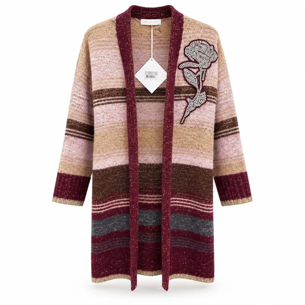 TRASH AND LUXURY Cardigan Lungo a Righe con Rosa Gioiello – Abbraccio Prezioso