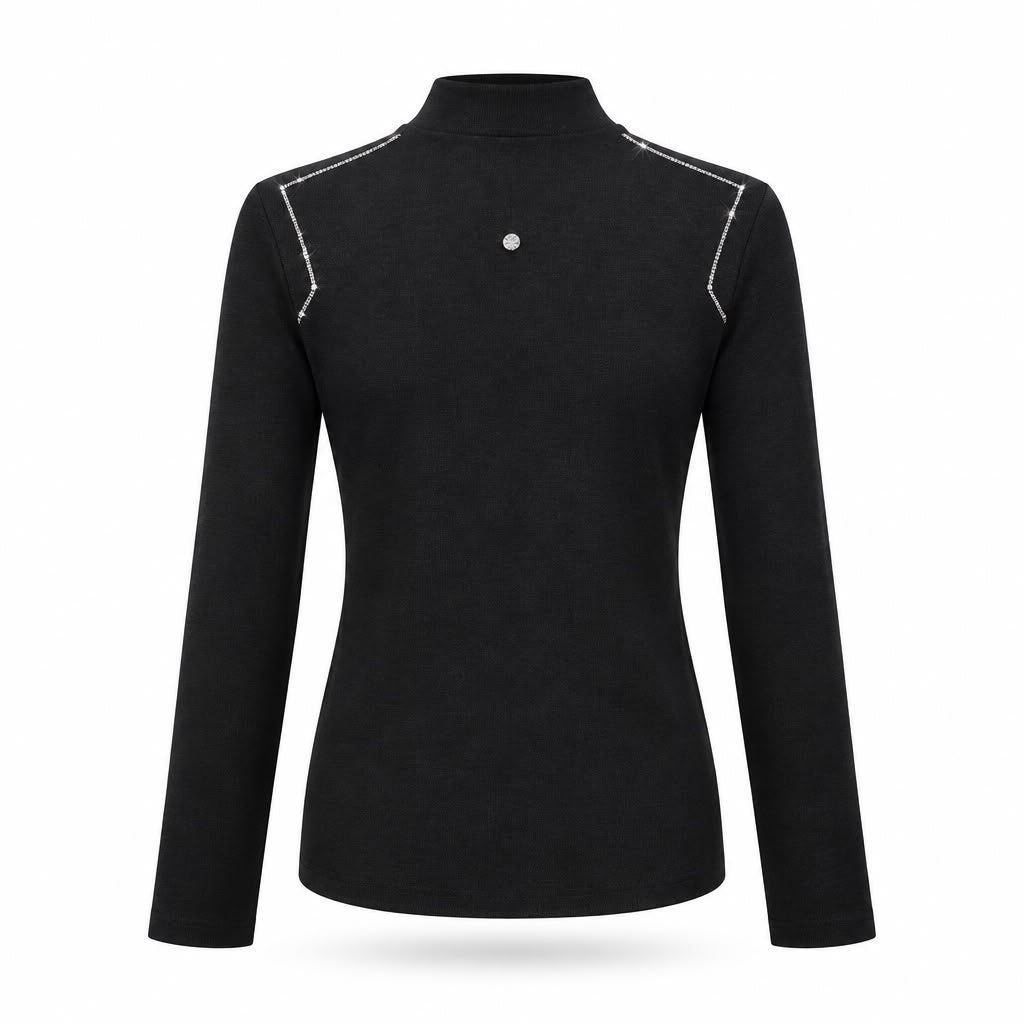 TRASH & LUXURY - Maglia Collo Alto Nera con Dettagli 'Bling' su Collo e Maniche
