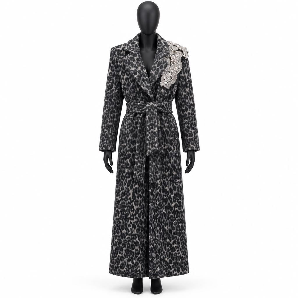 Cappotto Lungo Trash and Luxury Animalier Grigio con Applicazione Gioiello