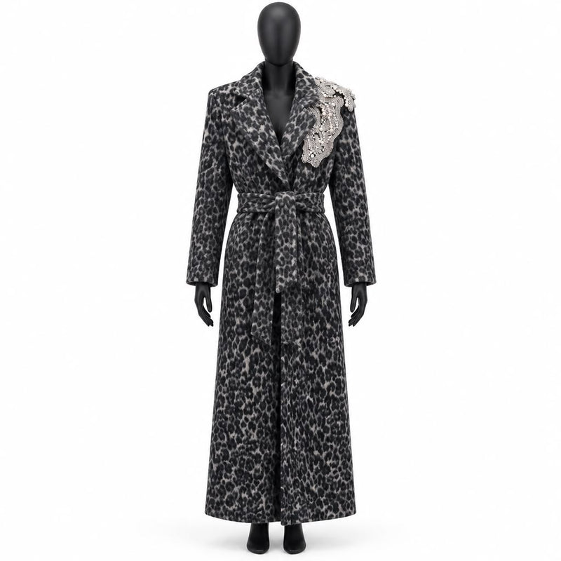 Cappotto Lungo Trash and Luxury Animalier Grigio con Applicazione Gioiello