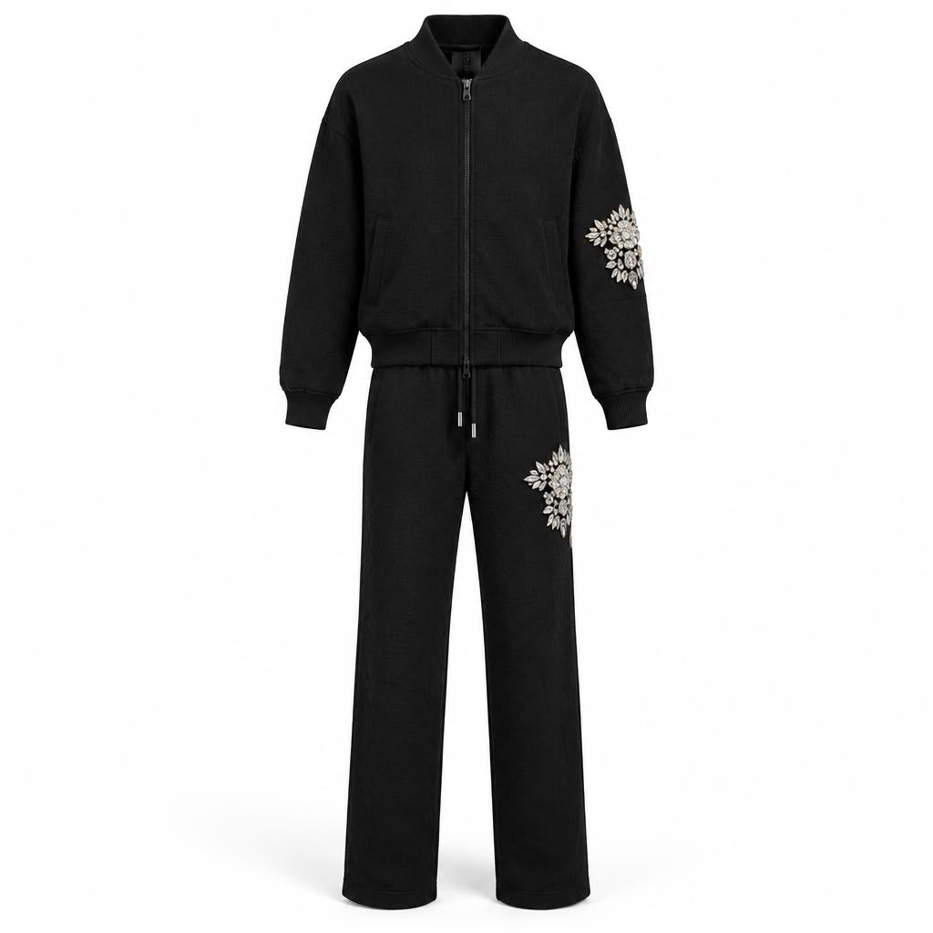 Tuta Trash and Luxury nera con applicazioni gioiello – Bomber + Pantalone