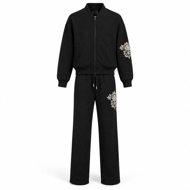 Tuta Trash and Luxury nera con applicazioni gioiello – Bomber + Pantalone