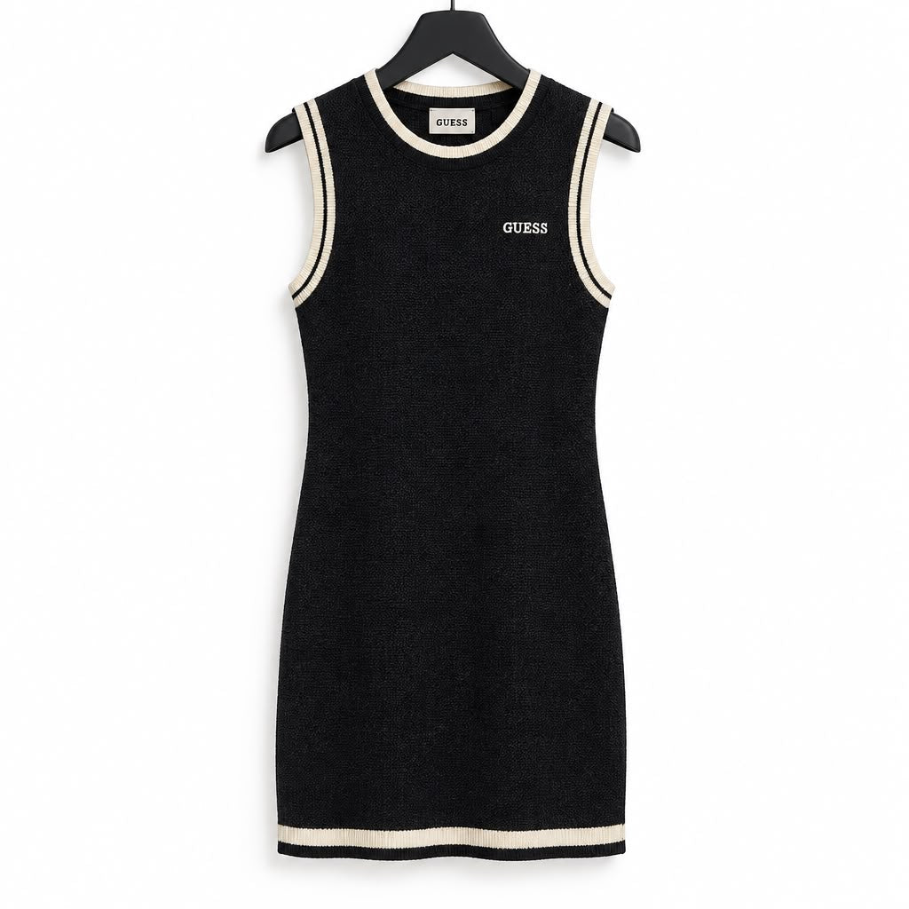 Abito Guess in maglia nero smanicato con bordi a contrasto e logo ricamato