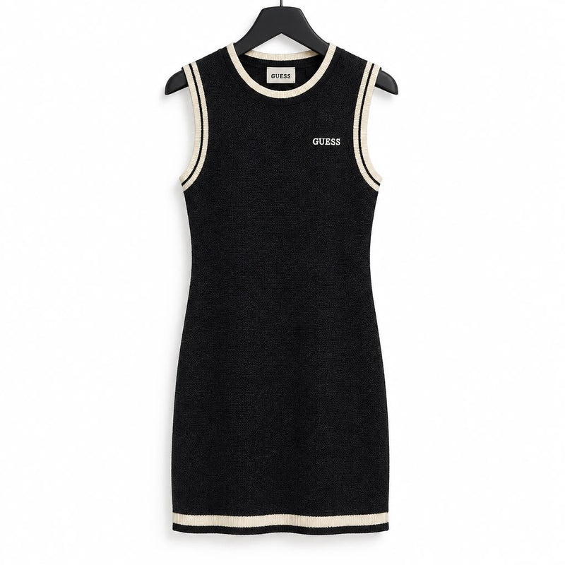 Abito Guess in maglia nero smanicato con bordi a contrasto e logo ricamato