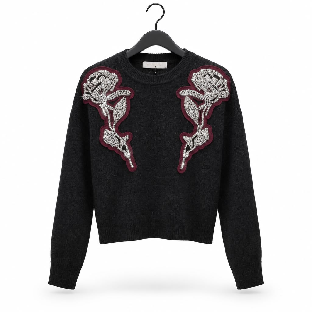 TRASH AND LUXURY Maglione con Doppia Rosa Gioiello – Simmetria Scintillante
