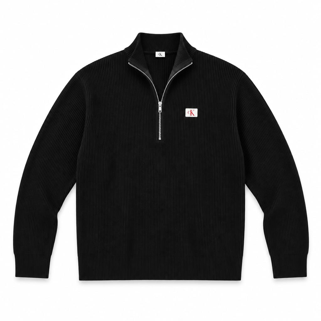 CALVIN KLEIN Maglione Mezza Zip a Coste Badge Logo