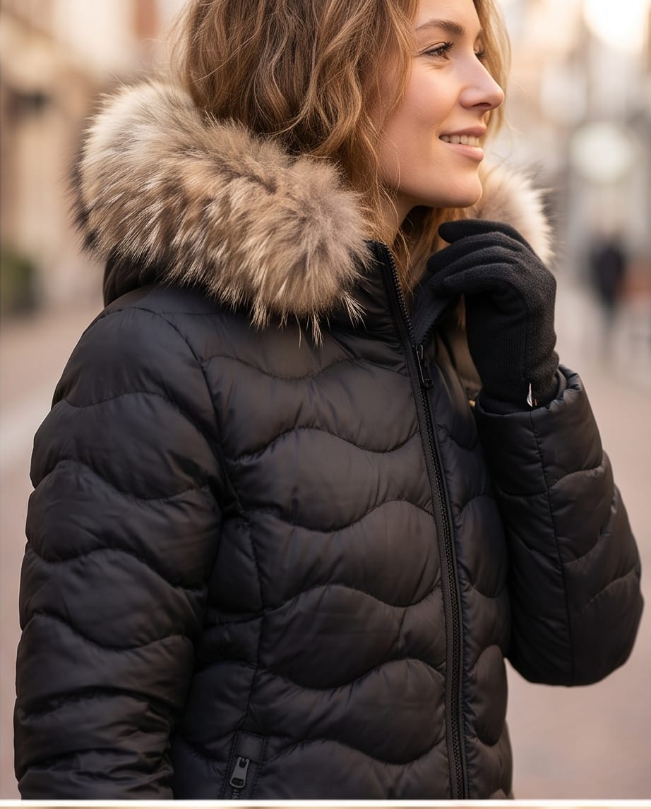 Piumino lungo Blauer Donna con cappuccio e bordo in pelliccia