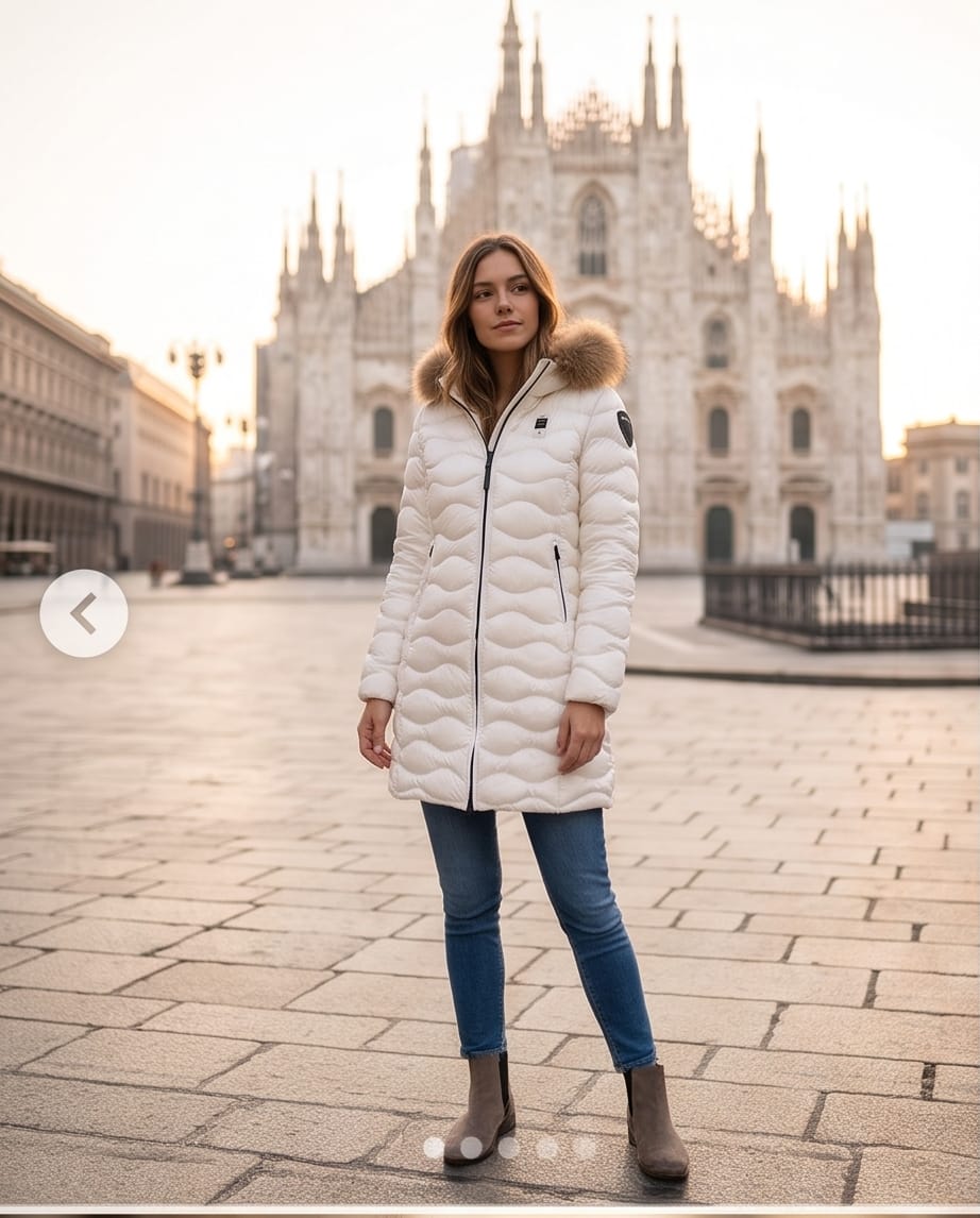 Piumino lungo Blauer Donna con cappuccio e bordo in pelliccia