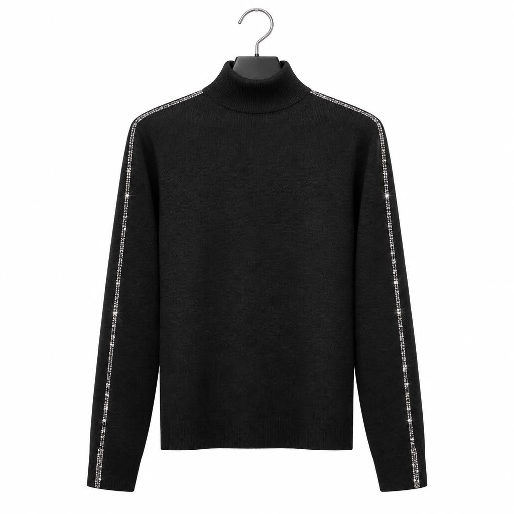 TRASH & LUXURY - Maglia Collo Alto Nera con Bande Laterali in Strass