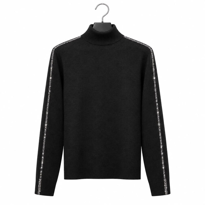 TRASH & LUXURY - Maglia Collo Alto Nera con Bande Laterali in Strass