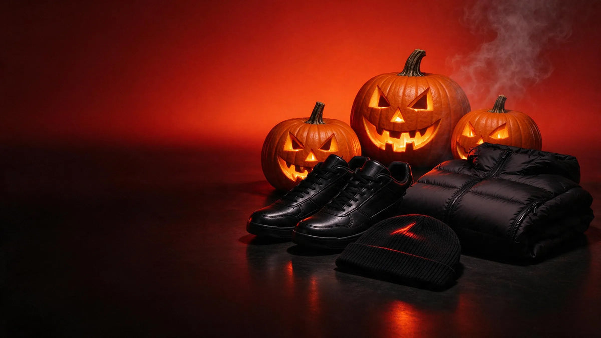 Zucche di Halloween intagliate e accese con sneakers nere, berretto e piumino su sfondo rosso